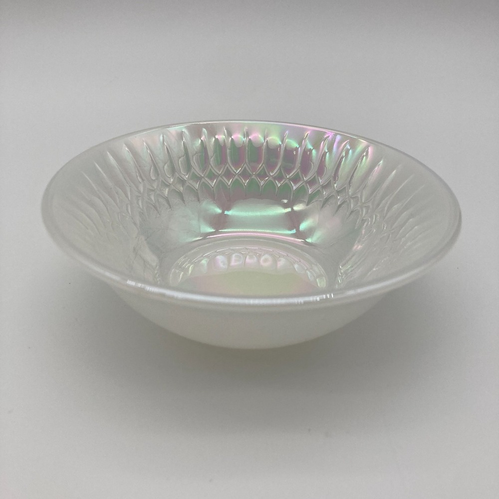 Vtg Federal Glass Moonglow Iridescent White Milk Glass Berry Dessert Bowls Set 4